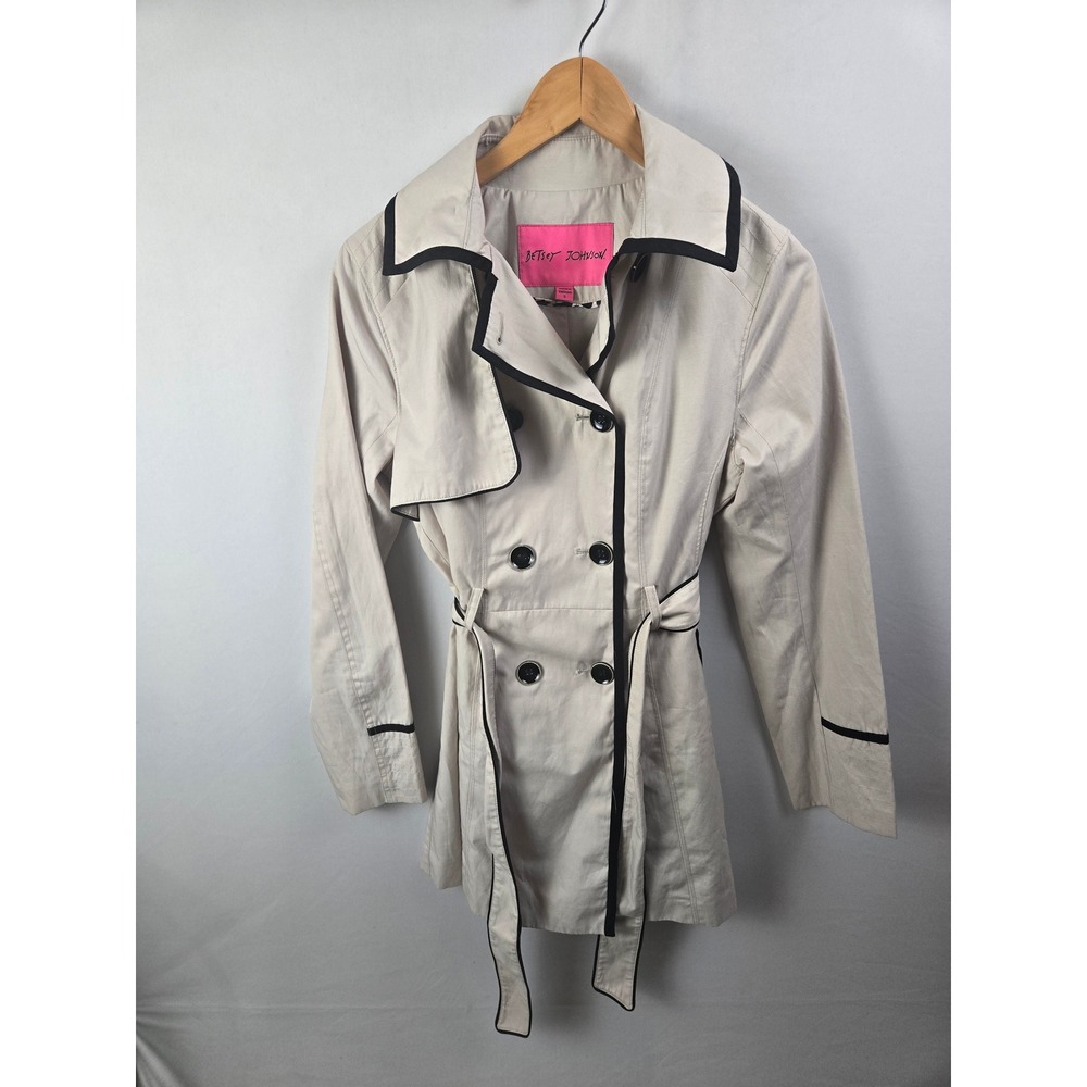 Betsey Johnson Corset Trench Coat Beige Black Womens Small Cottagecore